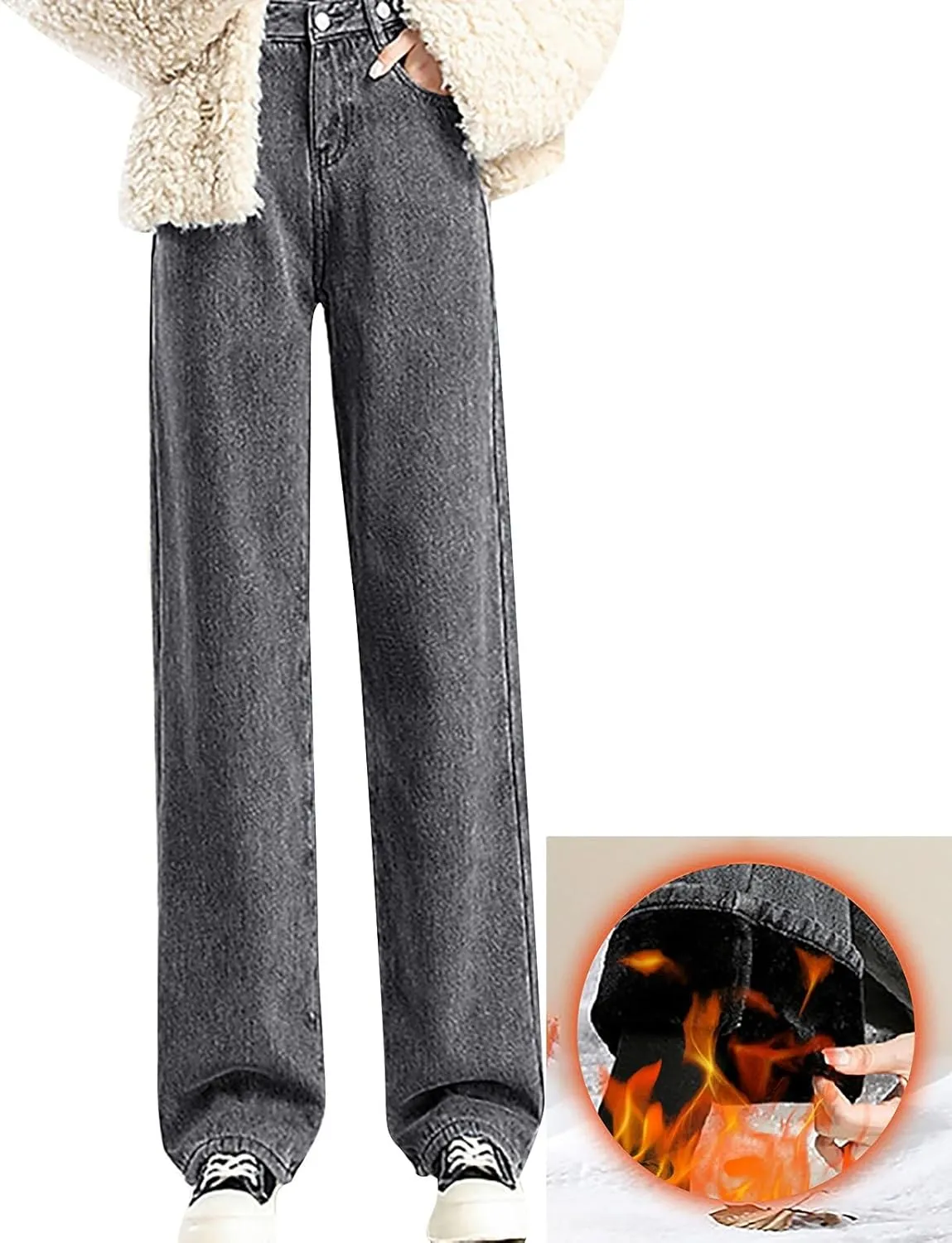 Jeans for Women Trendy High Waisted Stretchy Cuffed Wide Leg Denim Pants with Pockets