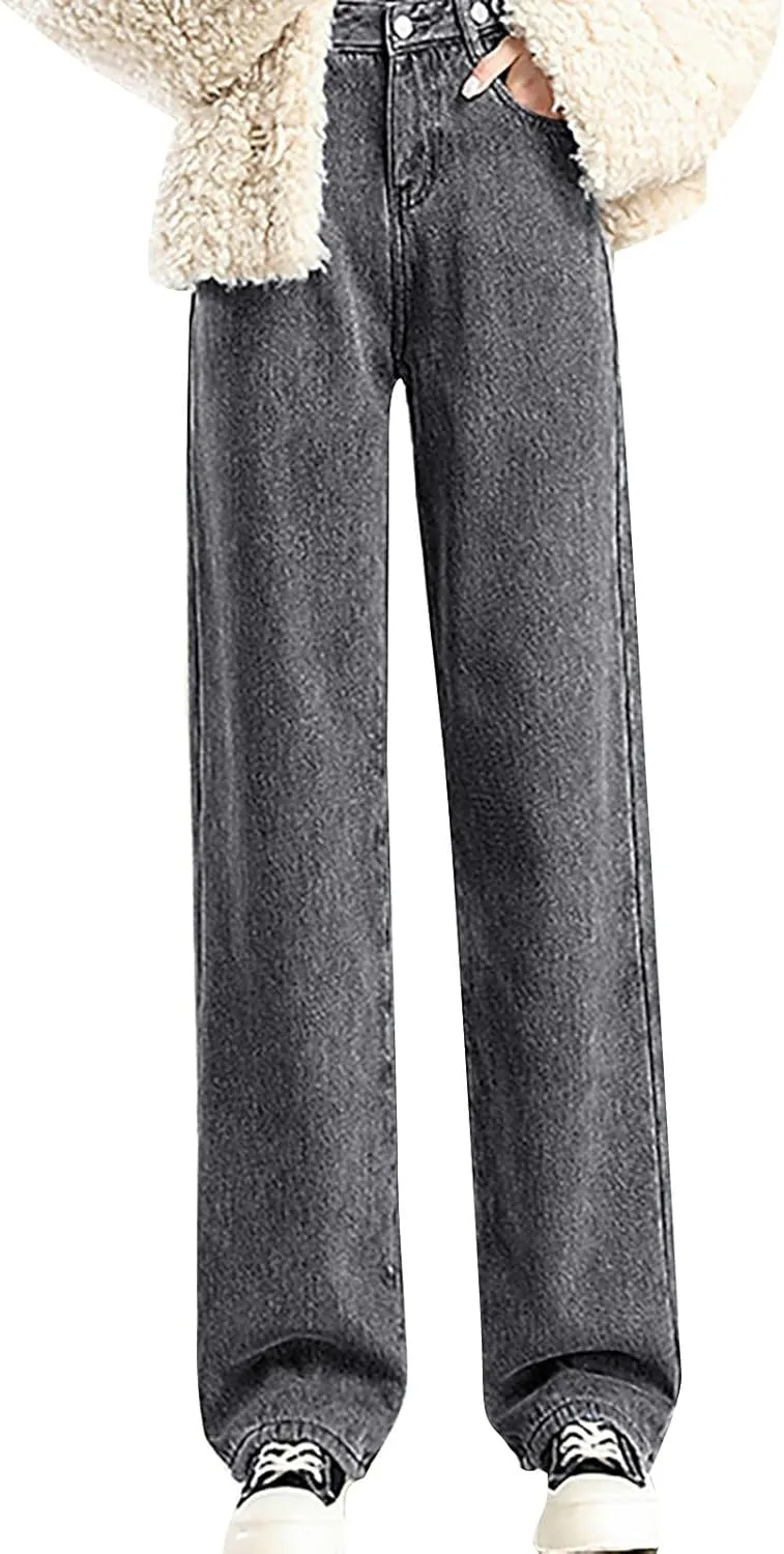 Jeans for Women Trendy High Waisted Stretchy Cuffed Wide Leg Denim Pants with Pockets
