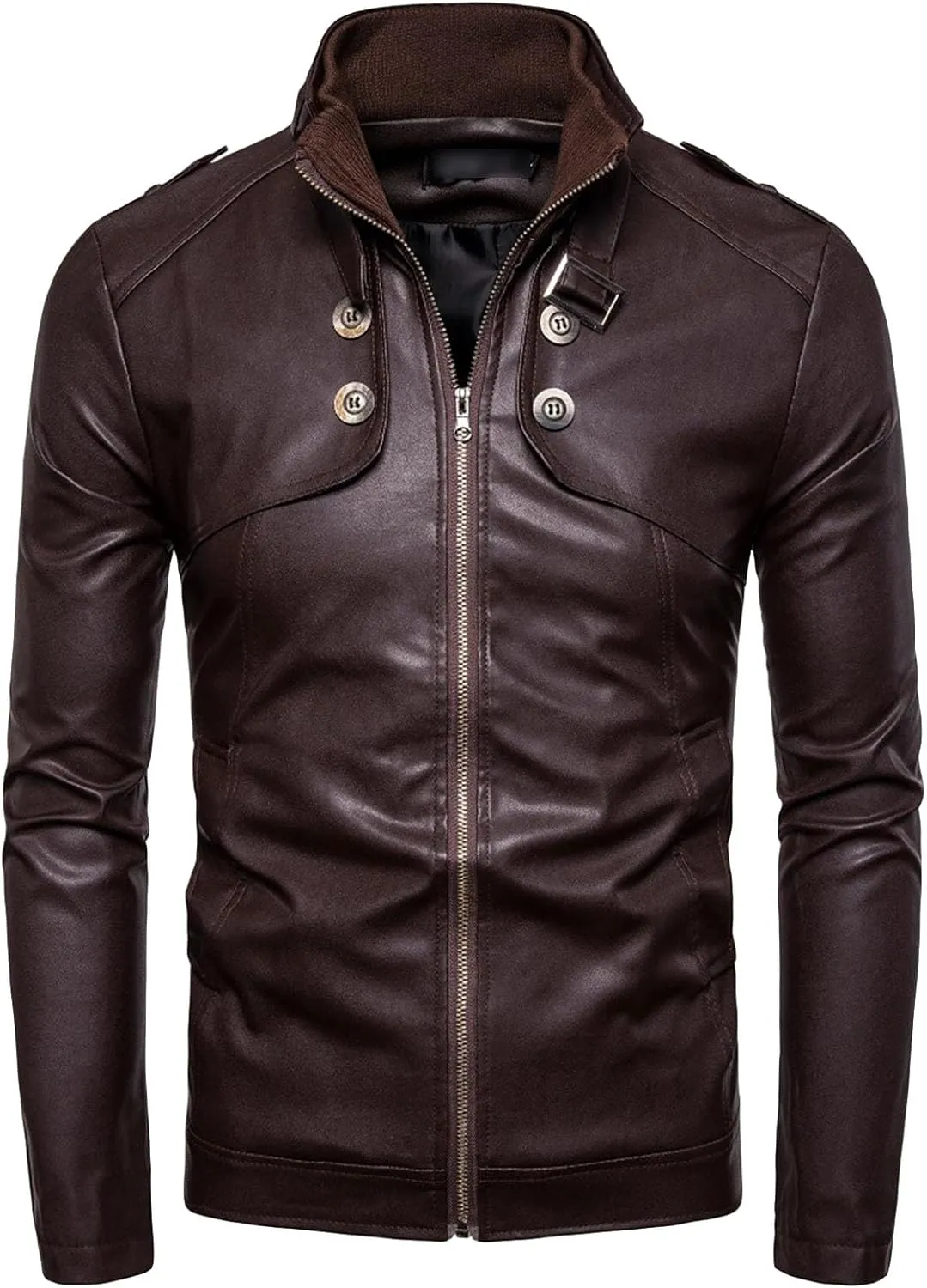 JEsilunmaMY Men's Button Deco PU Leather Jacket Casual Stand Collar Moto Biker Outwear Slim Fit Motorcycle Bomber Jacket