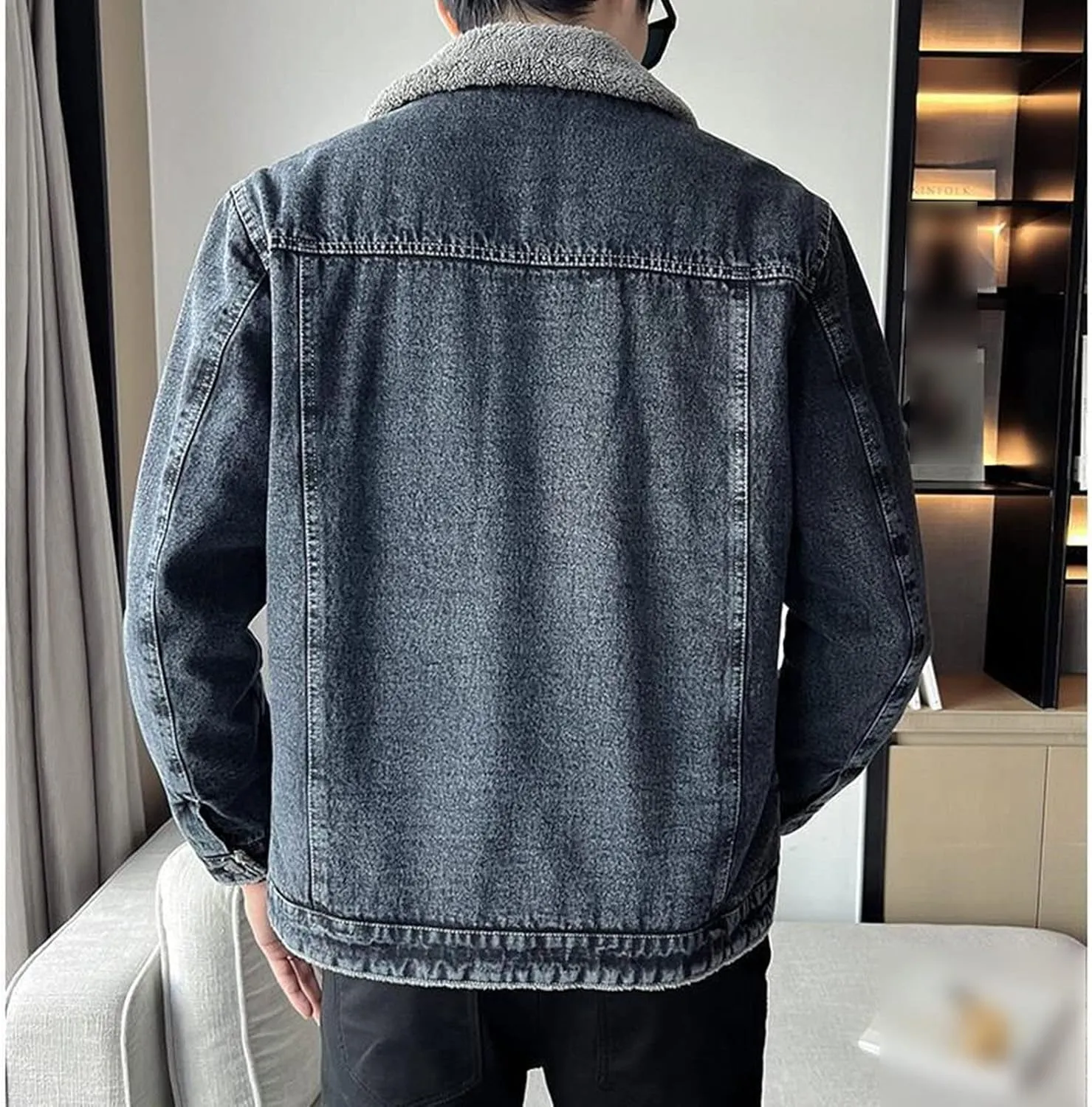 JEsilunmaMY Men's Lapel Sherpa Lined Trucker Jacket Distressed Button Down Fleece Denim Coat Winter Thicken Wash Jean Jacket