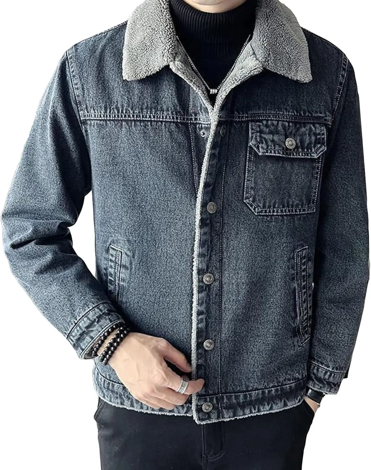 JEsilunmaMY Men's Lapel Sherpa Lined Trucker Jacket Distressed Button Down Fleece Denim Coat Winter Thicken Wash Jean Jacket