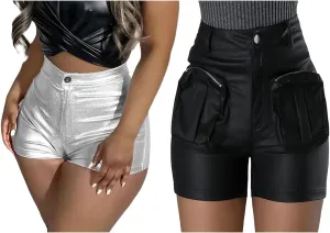 KANSOON Womens Metallic Shorts Casual Faux Leather High Waist Booty Shorts with Pocket Large