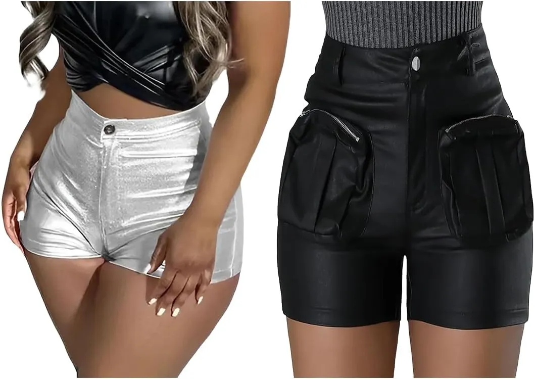 KANSOON Womens Metallic Shorts Casual Faux Leather High Waist Booty Shorts with Pocket Large