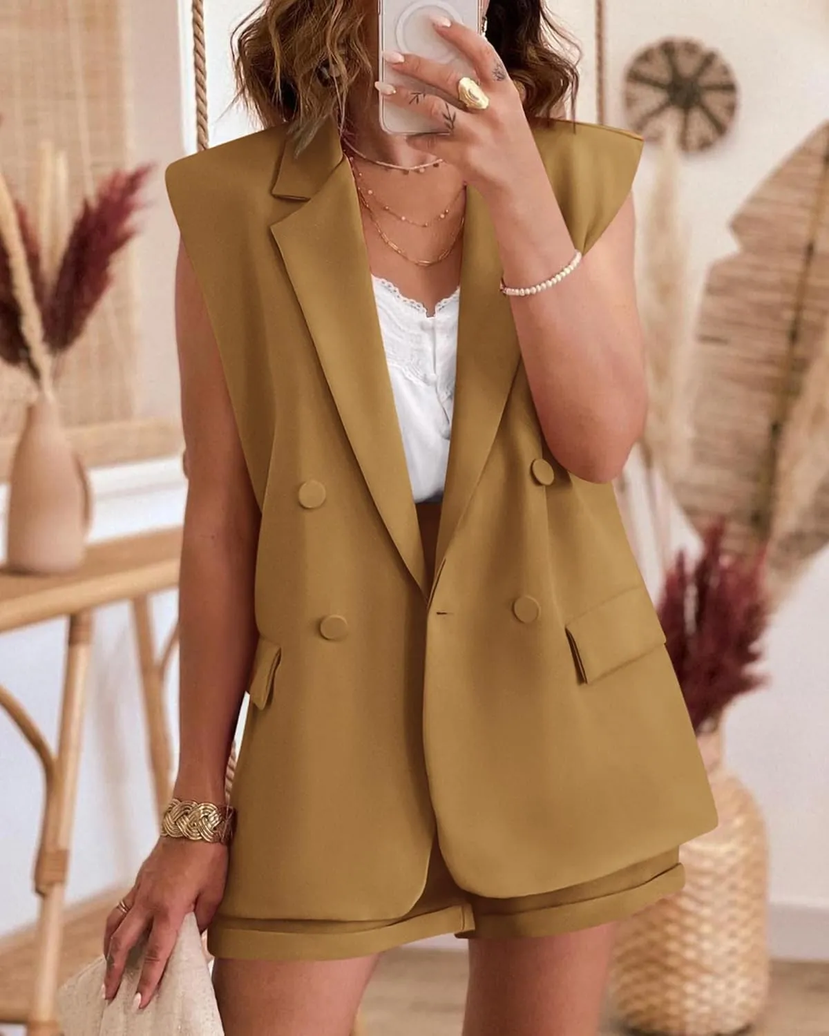 KIRUNDO Womens 2 Piece Sets Summer 2025 Dressy Sleeveless Blazer and High Waist Shorts Set Suit Business Casual Outfits