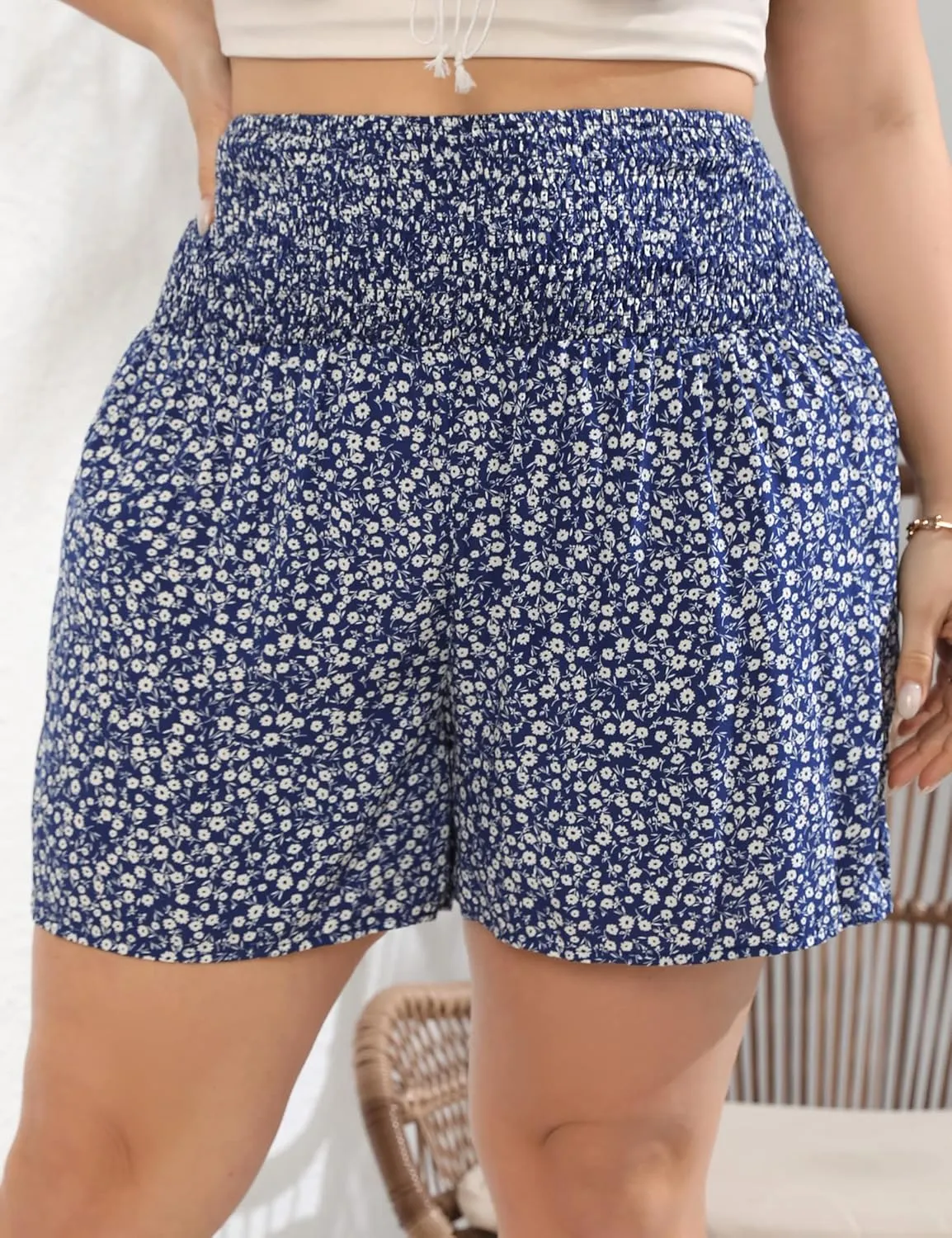 KOJOOIN Women Plus Size Comfy Shorts Elastic High Waist Casual Summer Pleated Lounge Shorts