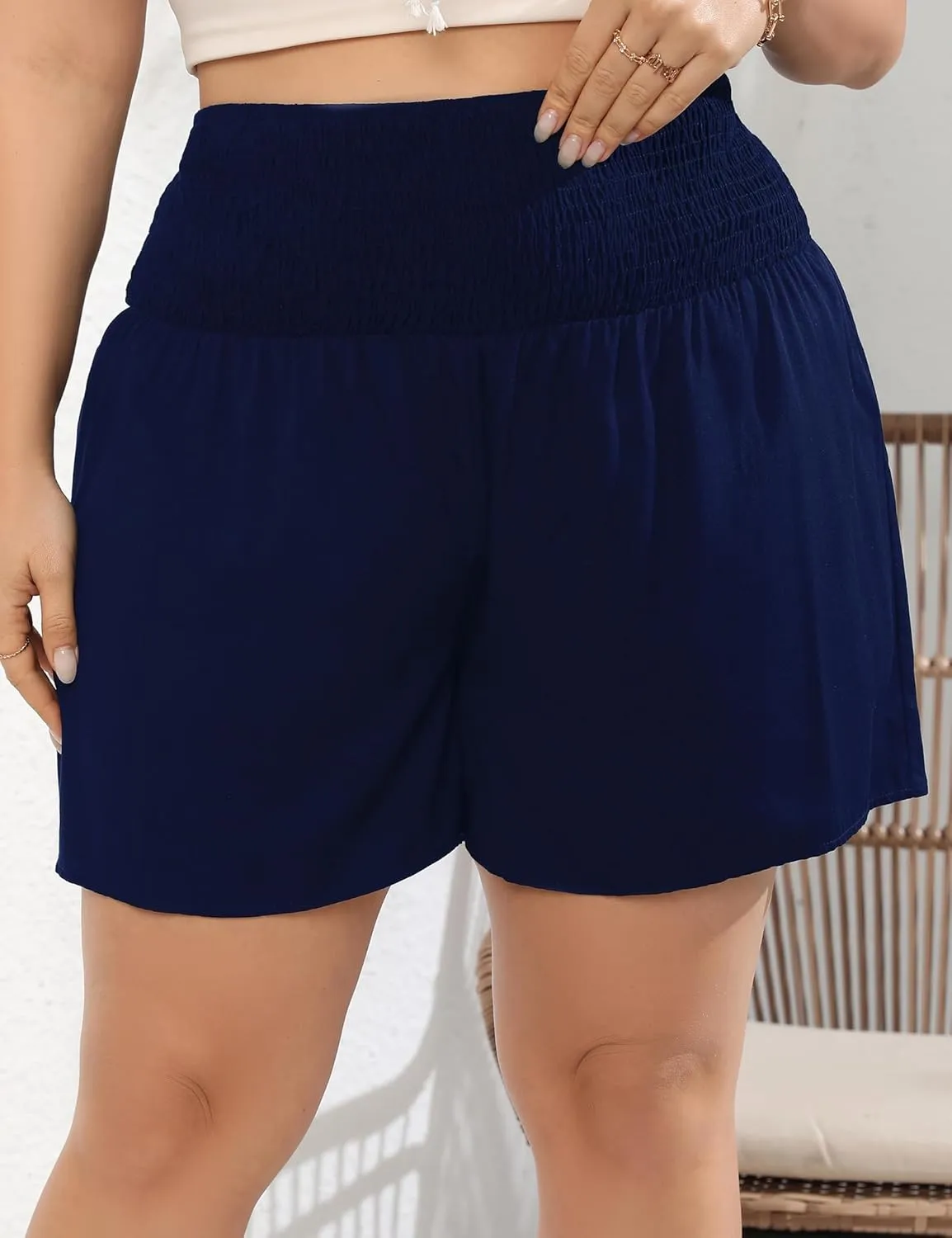 KOJOOIN Women Plus Size Comfy Shorts Elastic High Waist Casual Summer Pleated Lounge Shorts