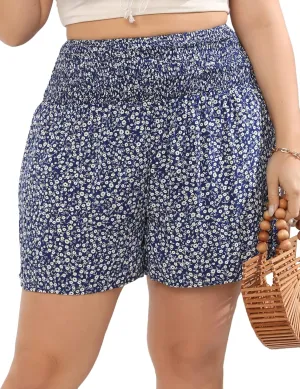 KOJOOIN Women Plus Size Comfy Shorts Elastic High Waist Casual Summer Pleated Lounge Shorts