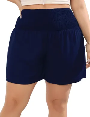KOJOOIN Women Plus Size Comfy Shorts Elastic High Waist Casual Summer Pleated Lounge Shorts