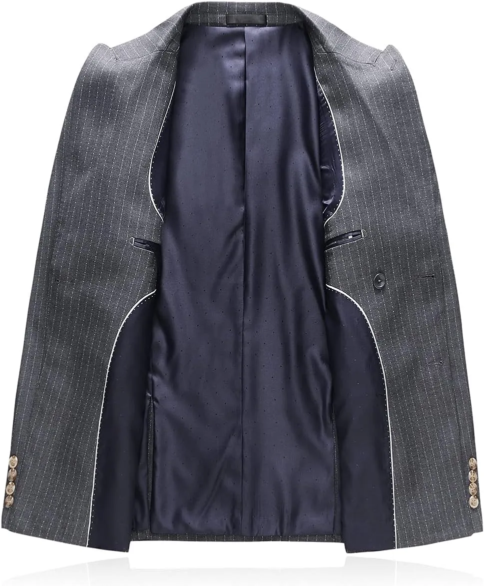 KUDORO Mens Suits 3 Piece Slim Fit Suit Double Breasted Pinstripe Suit Formal Wedding Tuxedo Suit