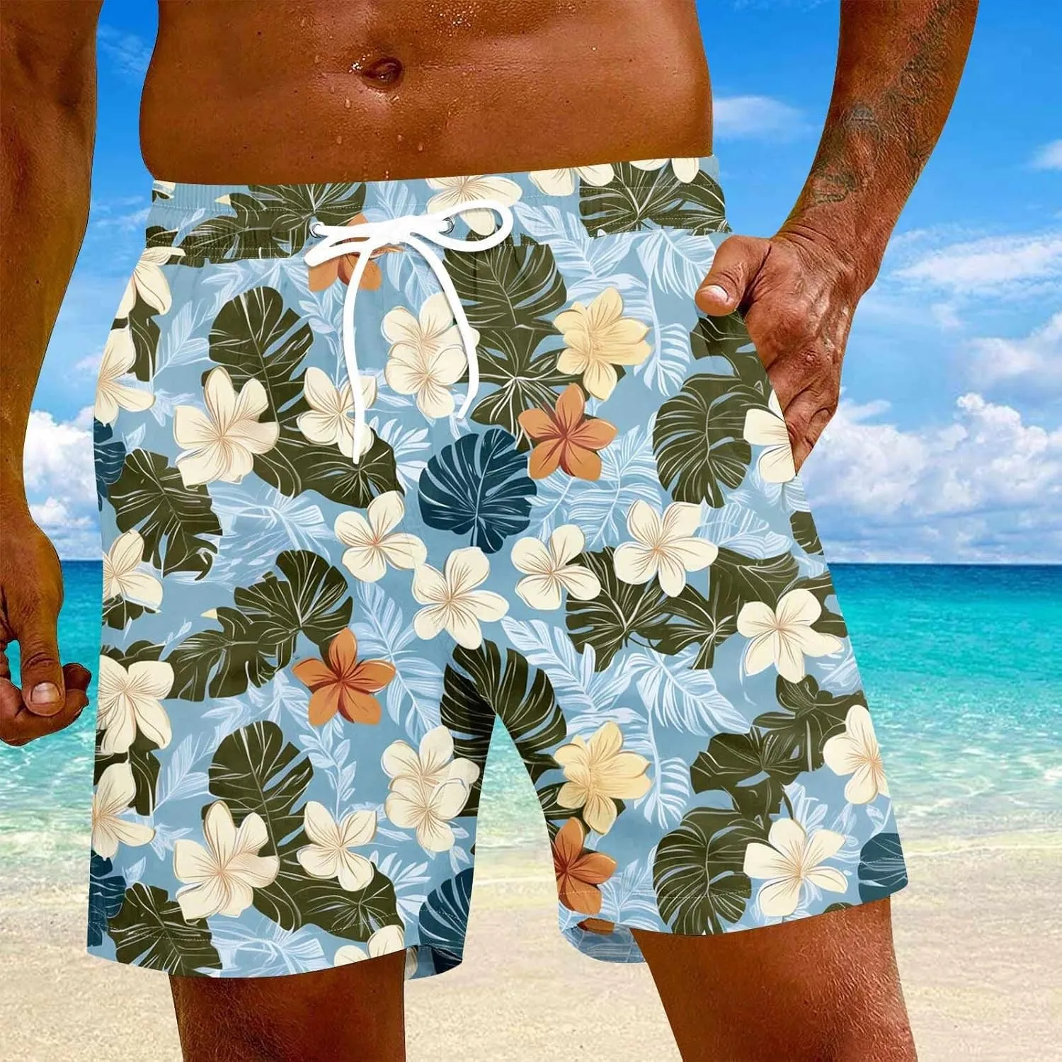 KUIOLYPOER Men's Shorts 2025 Casual Hawaiian Beach Elastic Waist Drawstring Lightweight Summer Board Shorts with Pockets