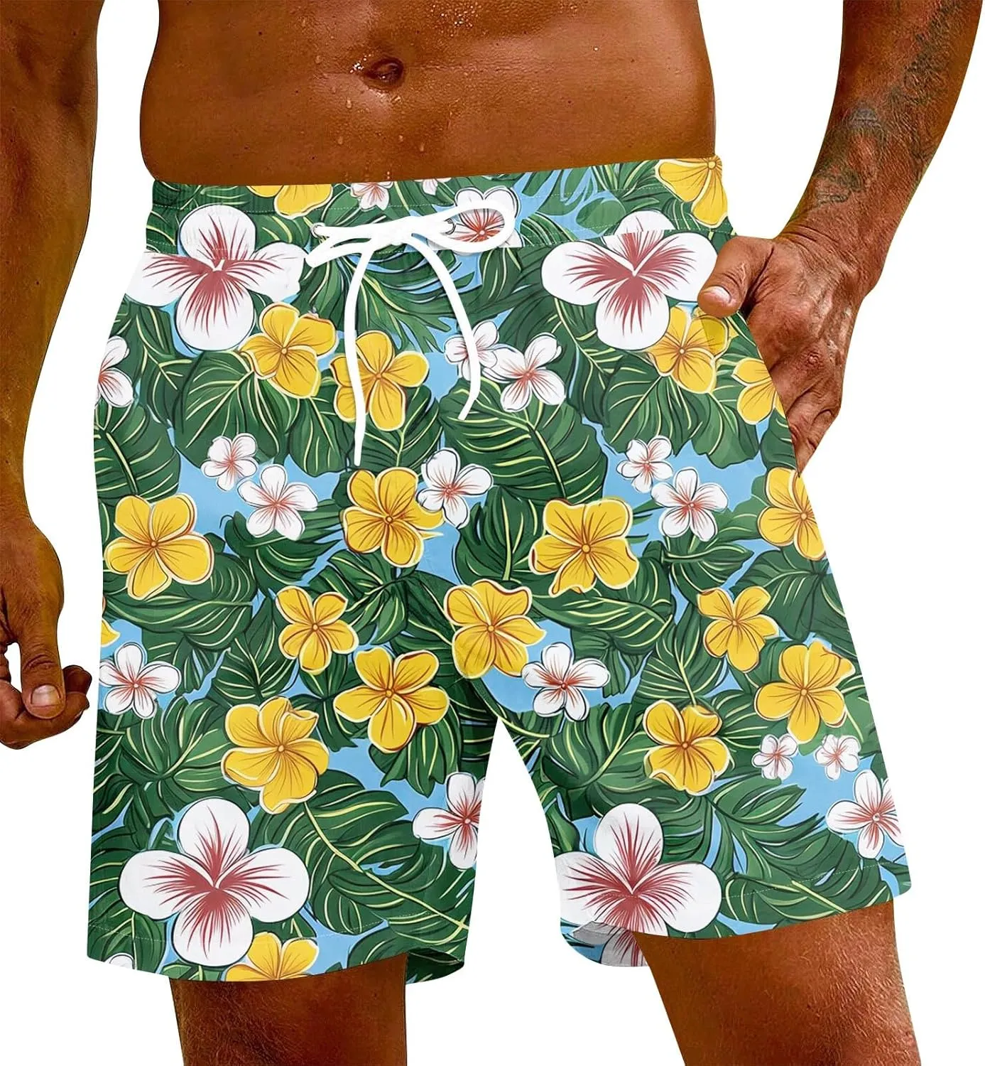KUIOLYPOER Men's Shorts 2025 Casual Hawaiian Beach Elastic Waist Drawstring Lightweight Summer Board Shorts with Pockets