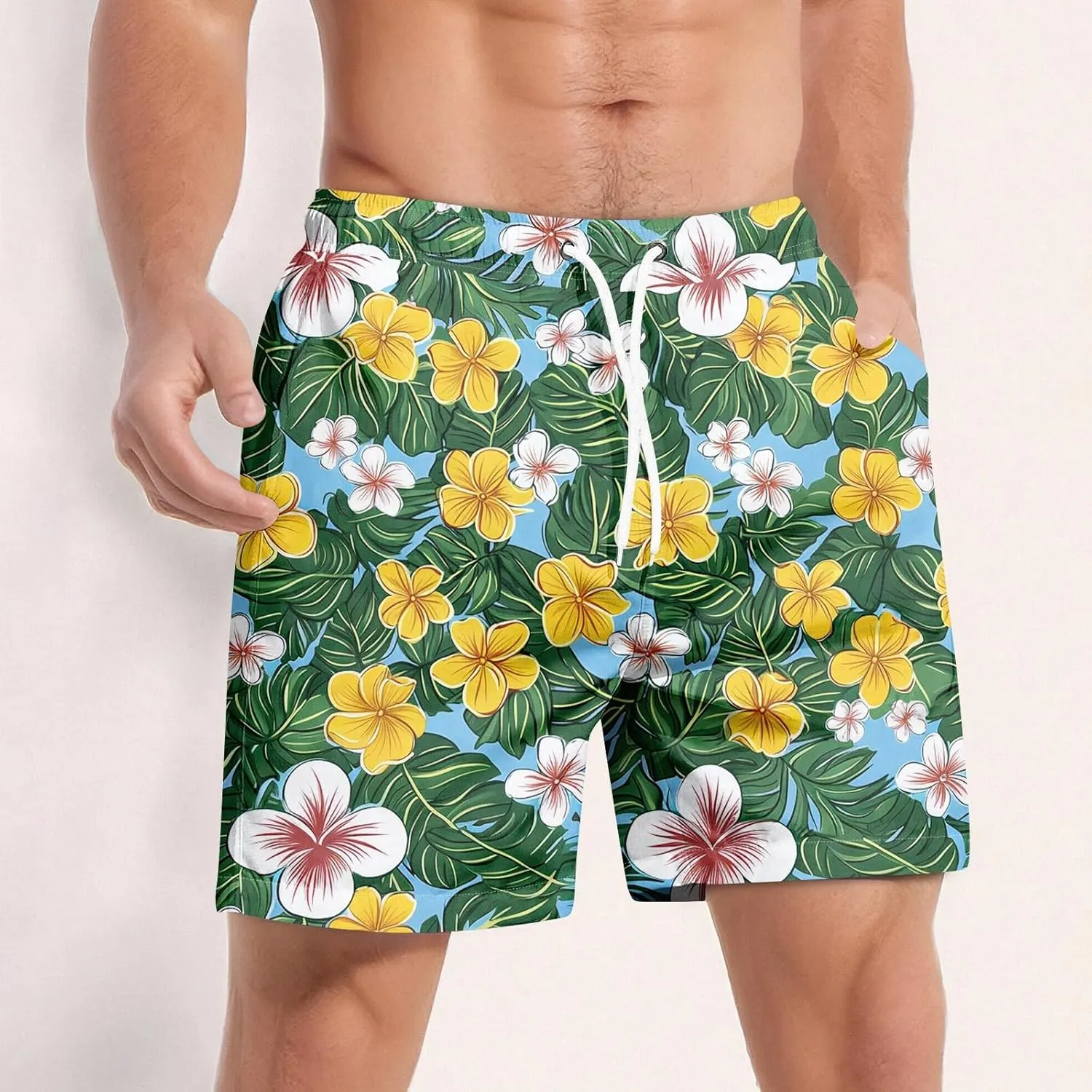 KUIOLYPOER Men's Shorts 2025 Casual Hawaiian Beach Elastic Waist Drawstring Lightweight Summer Board Shorts with Pockets