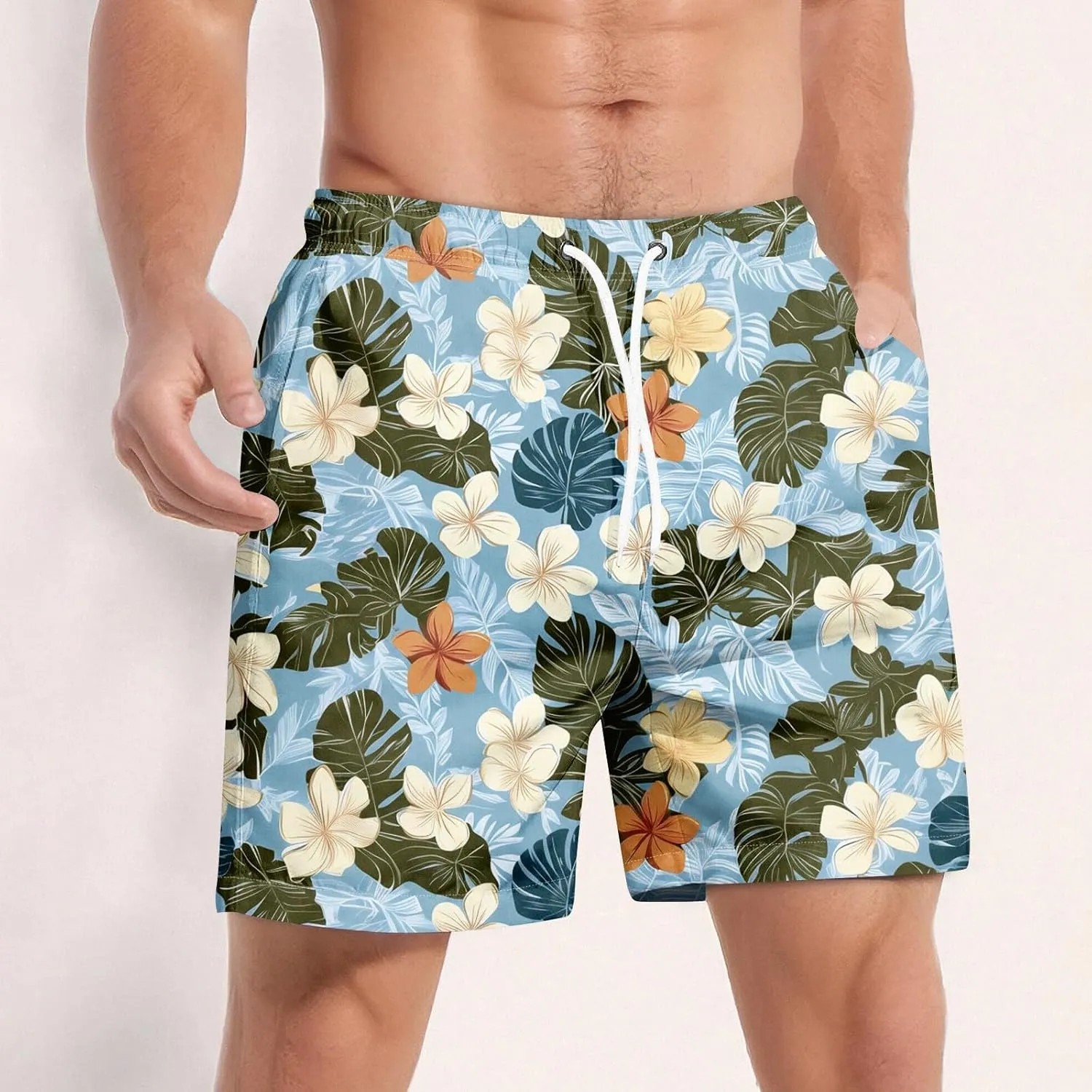 KUIOLYPOER Men's Shorts 2025 Casual Hawaiian Beach Elastic Waist Drawstring Lightweight Summer Board Shorts with Pockets