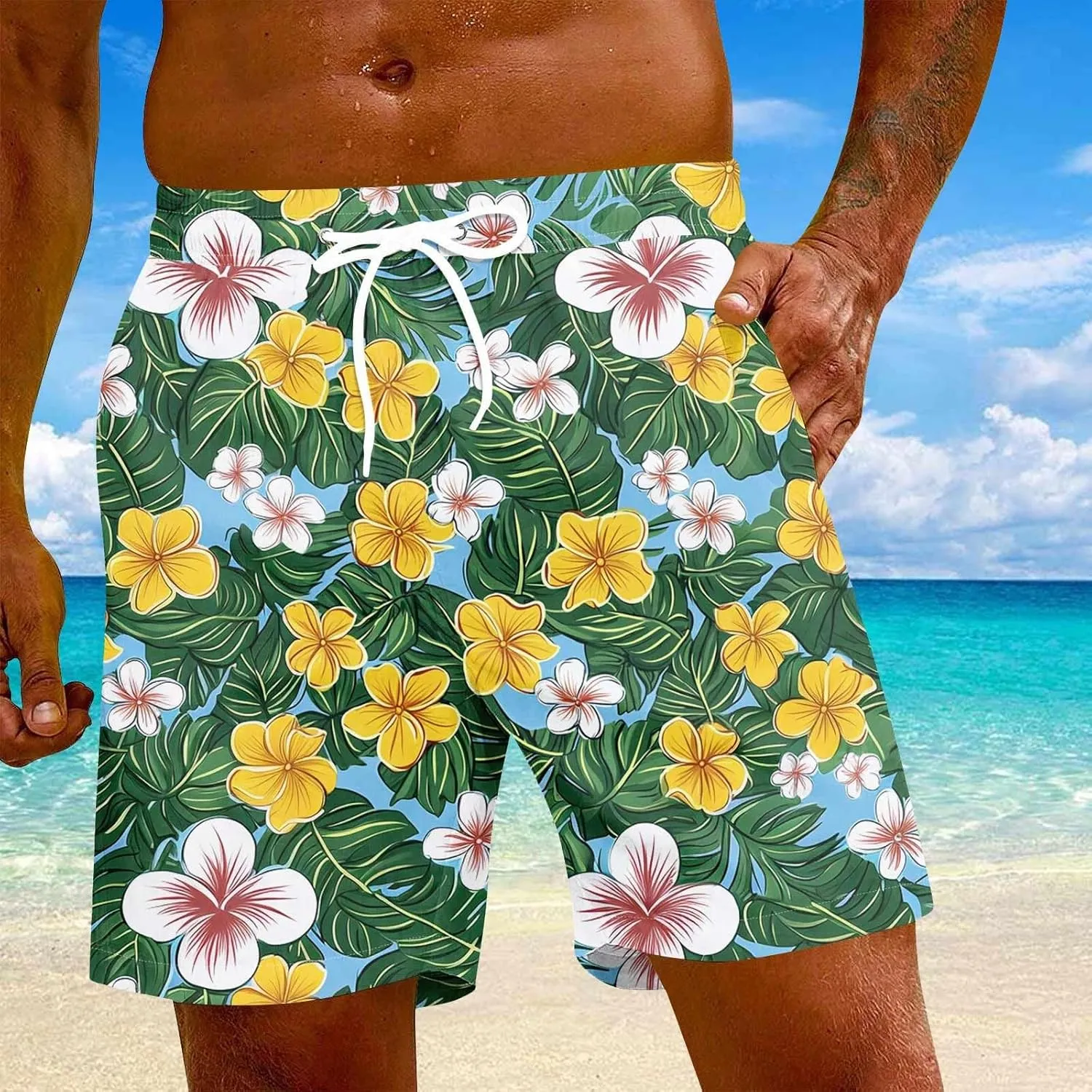 KUIOLYPOER Men's Shorts 2025 Casual Hawaiian Beach Elastic Waist Drawstring Lightweight Summer Board Shorts with Pockets