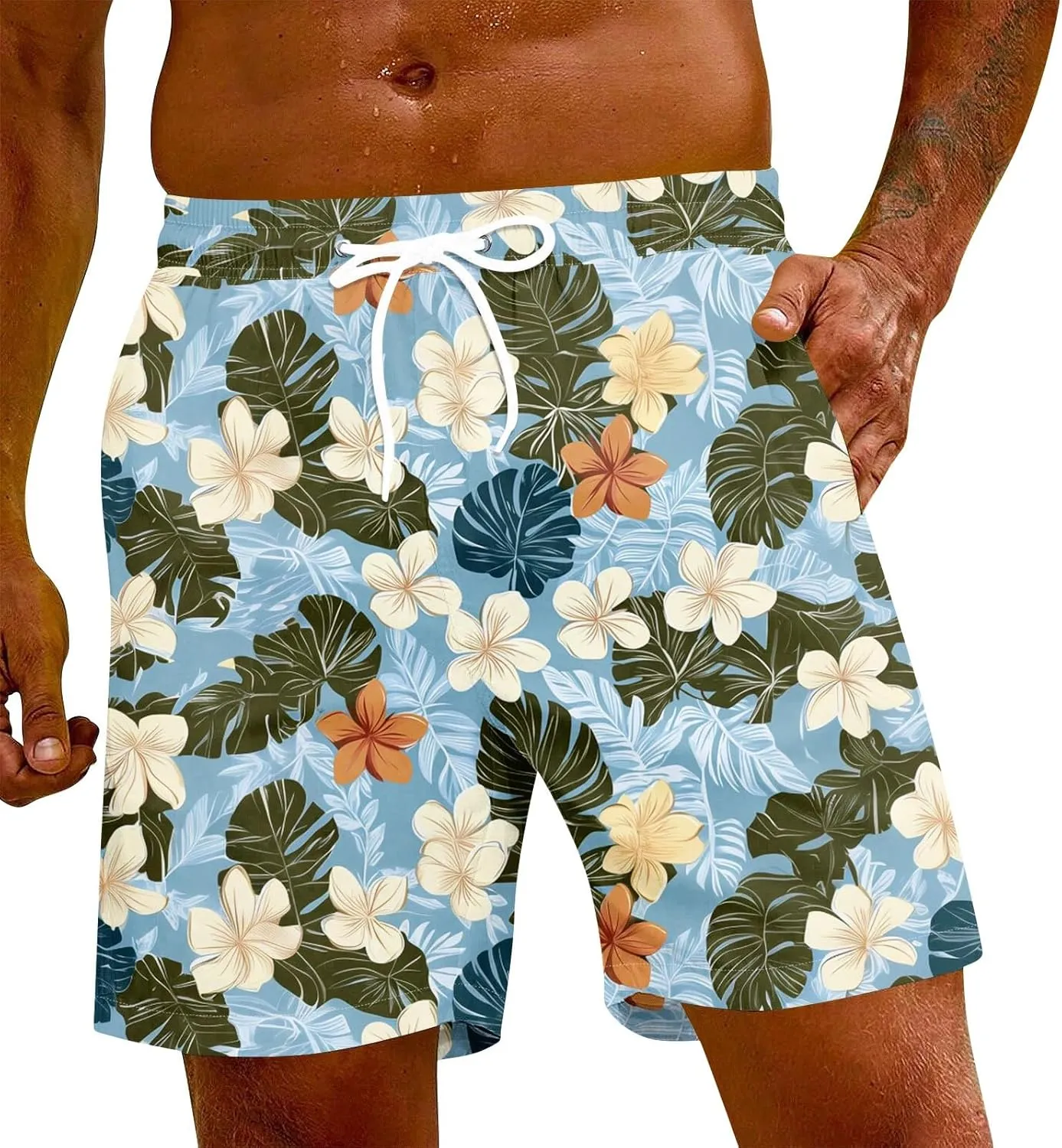 KUIOLYPOER Men's Shorts 2025 Casual Hawaiian Beach Elastic Waist Drawstring Lightweight Summer Board Shorts with Pockets