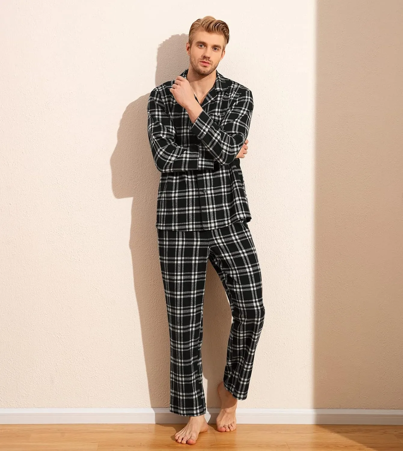 LAPASA Men's Pajama Set 100% Cotton Flannel Top Long Sleeve & Bottom Pants Plaid Sleepwear PJ Sleepwear Lounge Comfy M79/M95