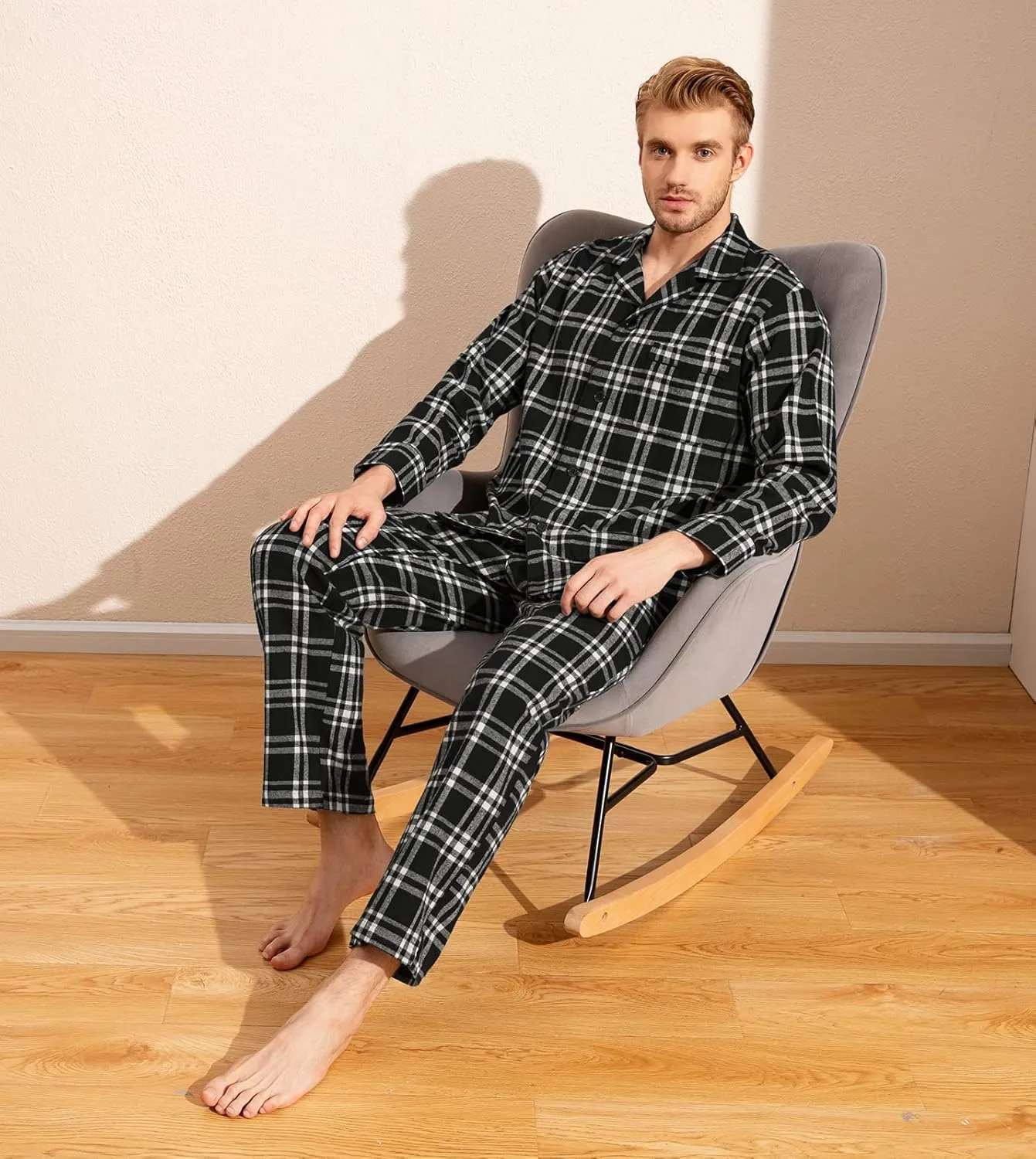 LAPASA Men's Pajama Set 100% Cotton Flannel Top Long Sleeve & Bottom Pants Plaid Sleepwear PJ Sleepwear Lounge Comfy M79/M95