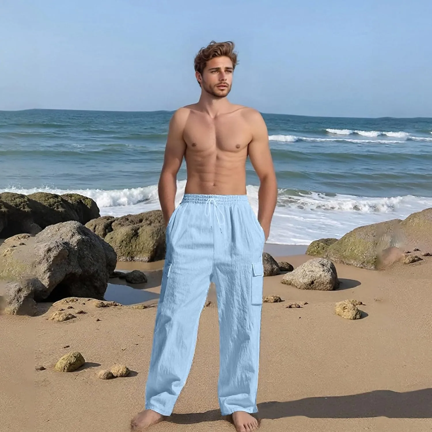 Linen Cargo Pants Men Lightweight Comfy Elastic Waist Lounge Pants Casual Yoga Pants Summer Beach Outfits with Pocket