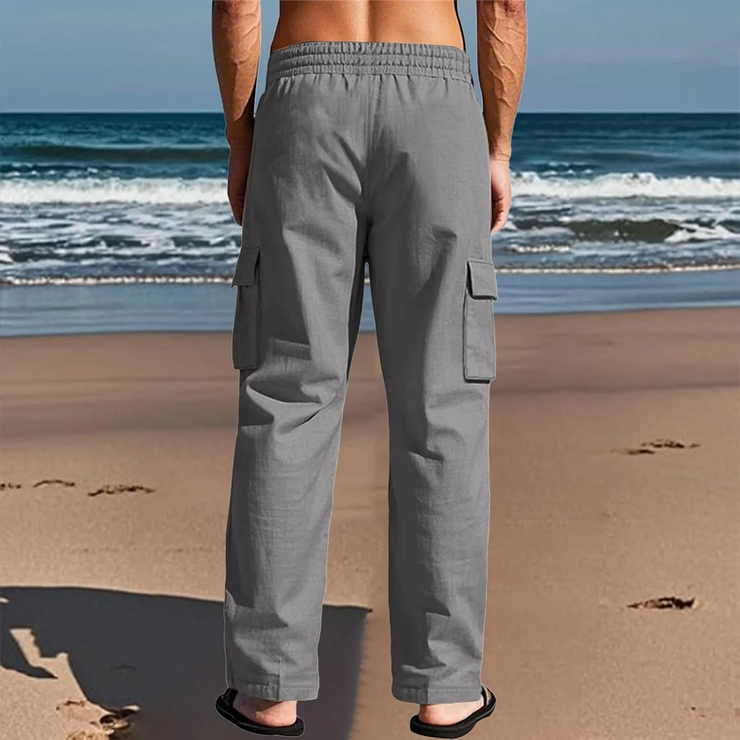 Linen Cargo Pants Men Lightweight Comfy Elastic Waist Lounge Pants Casual Yoga Pants Summer Beach Outfits with Pocket