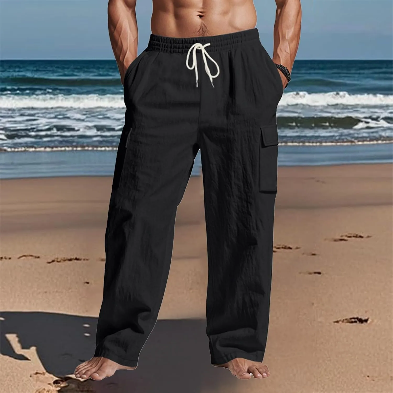 Linen Cargo Pants Men Lightweight Comfy Elastic Waist Lounge Pants Casual Yoga Pants Summer Beach Outfits with Pocket