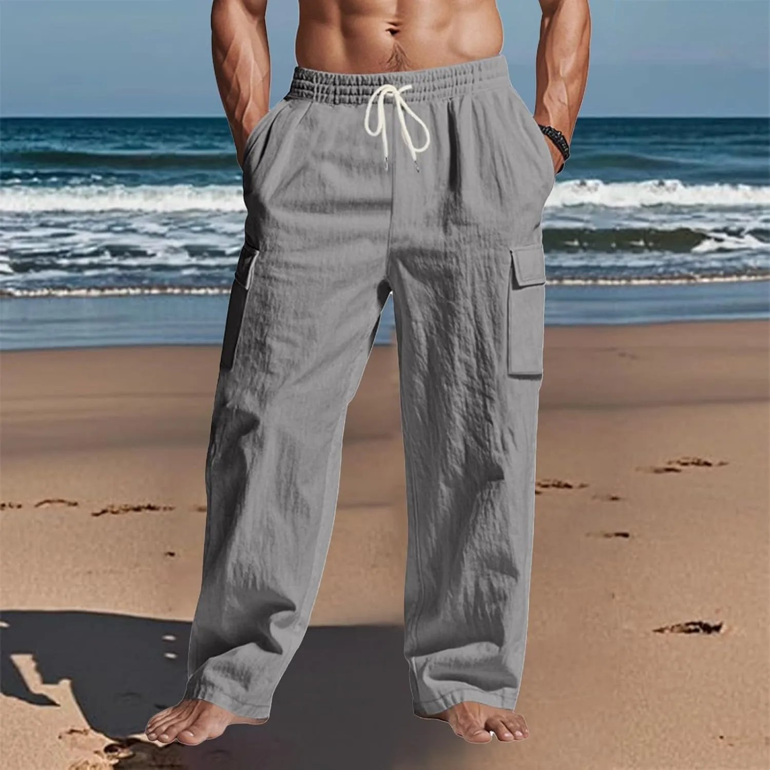 Linen Cargo Pants Men Lightweight Comfy Elastic Waist Lounge Pants Casual Yoga Pants Summer Beach Outfits with Pocket