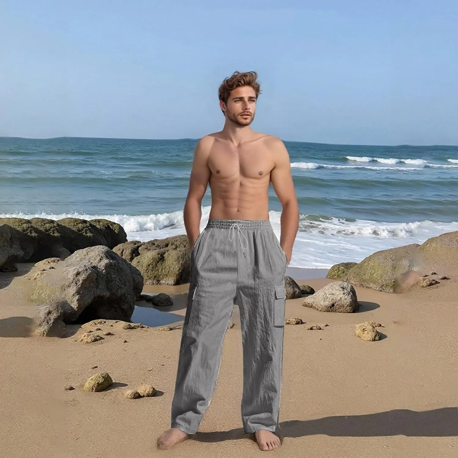 Linen Cargo Pants Men Lightweight Comfy Elastic Waist Lounge Pants Casual Yoga Pants Summer Beach Outfits with Pocket