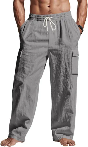 Linen Cargo Pants Men Lightweight Comfy Elastic Waist Lounge Pants Casual Yoga Pants Summer Beach Outfits with Pocket