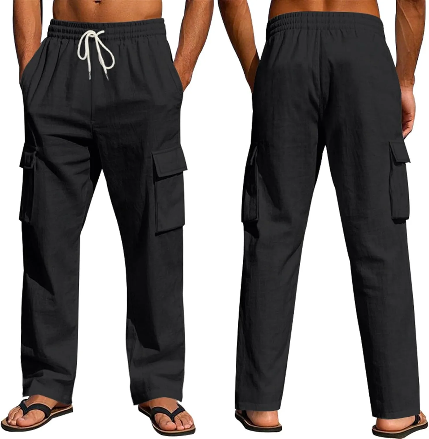 Linen Cargo Pants Men Lightweight Comfy Elastic Waist Lounge Pants Casual Yoga Pants Summer Beach Outfits with Pocket