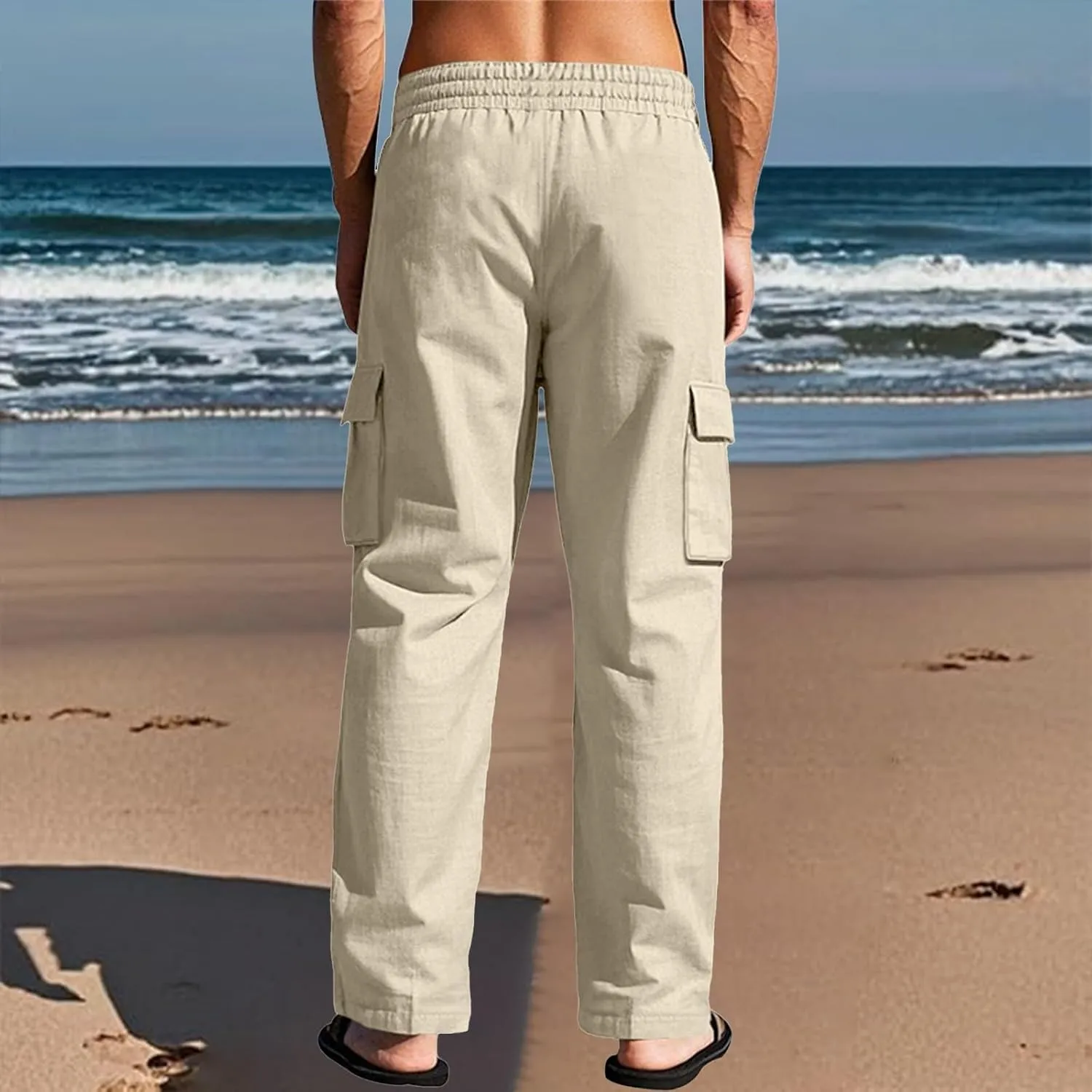 Linen Cargo Pants Men Lightweight Comfy Elastic Waist Lounge Pants Casual Yoga Pants Summer Beach Outfits with Pocket