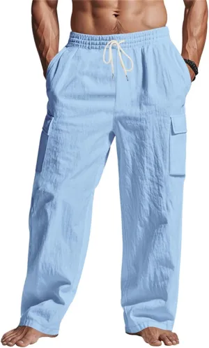 Linen Cargo Pants Men Lightweight Comfy Elastic Waist Lounge Pants Casual Yoga Pants Summer Beach Outfits with Pocket