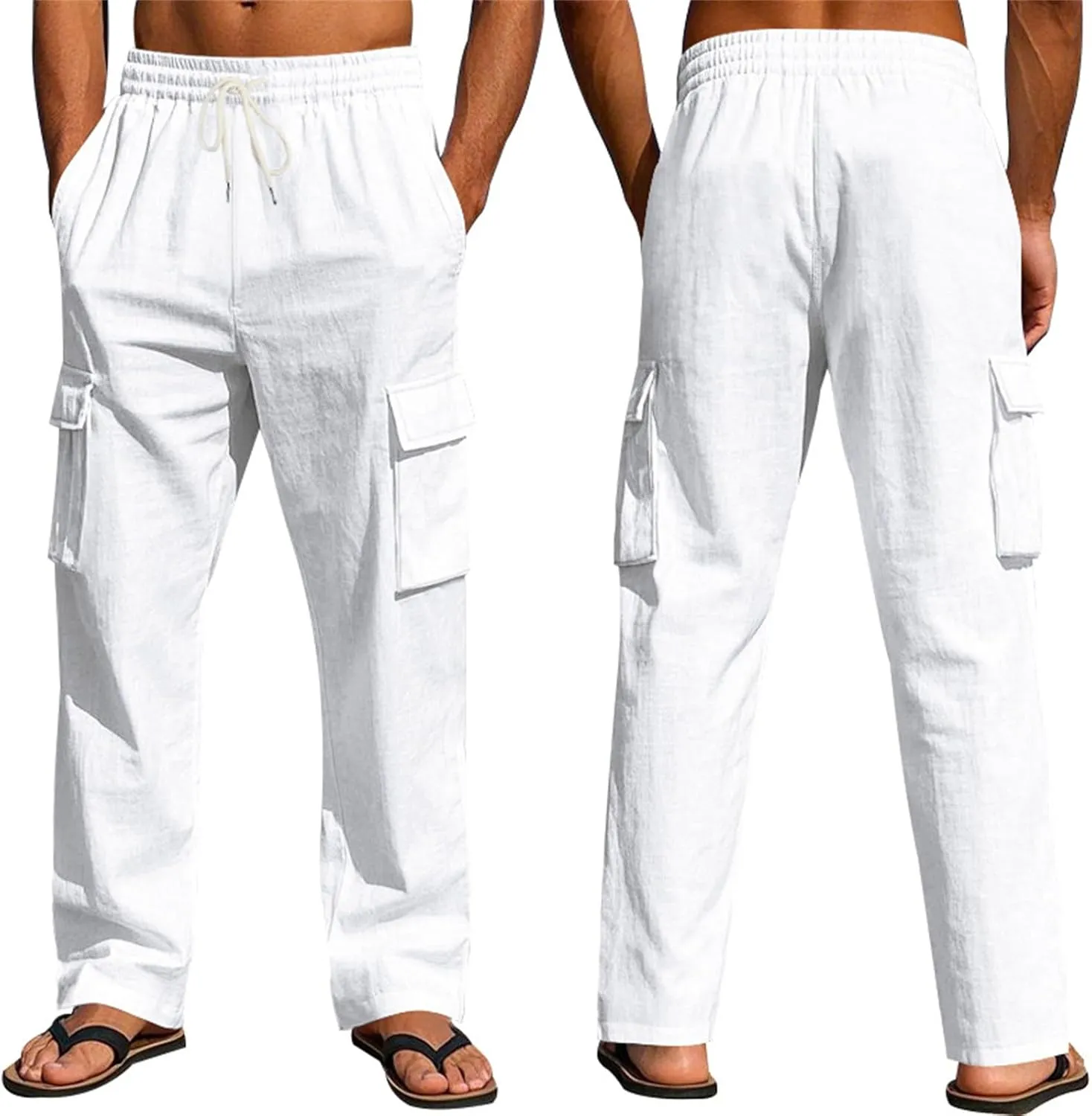 Linen Cargo Pants Men Lightweight Comfy Elastic Waist Lounge Pants Casual Yoga Pants Summer Beach Outfits with Pocket