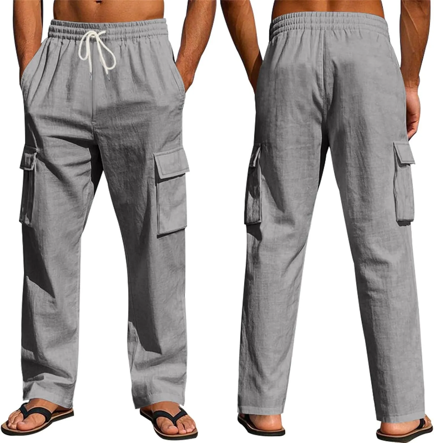 Linen Cargo Pants Men Lightweight Comfy Elastic Waist Lounge Pants Casual Yoga Pants Summer Beach Outfits with Pocket