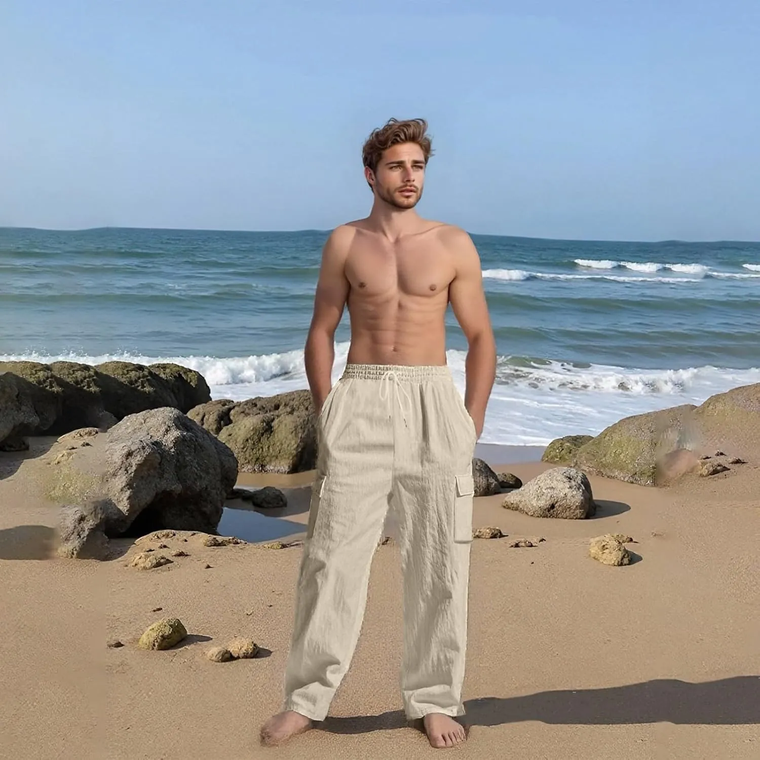 Linen Cargo Pants Men Lightweight Comfy Elastic Waist Lounge Pants Casual Yoga Pants Summer Beach Outfits with Pocket