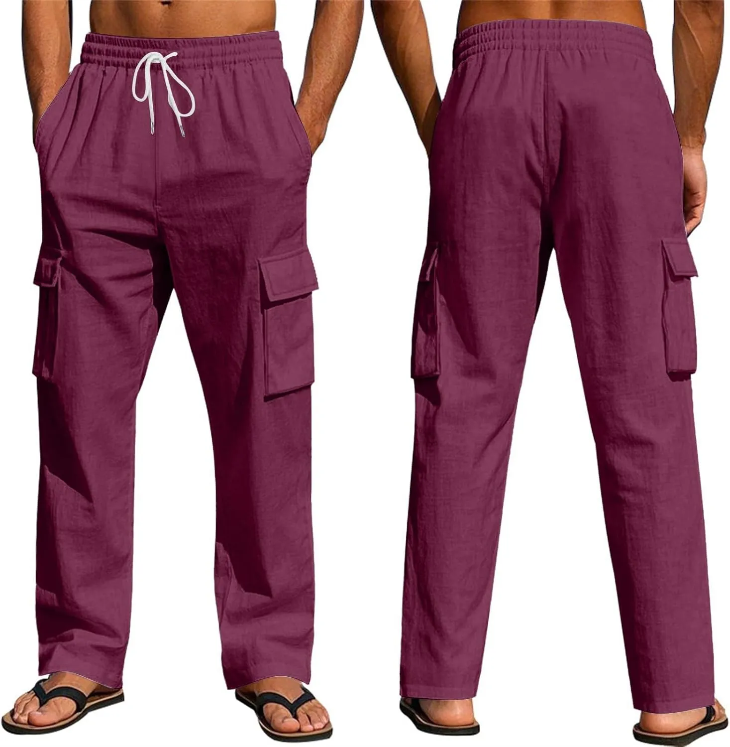 Linen Cargo Pants Men Lightweight Comfy Elastic Waist Lounge Pants Casual Yoga Pants Summer Beach Outfits with Pocket