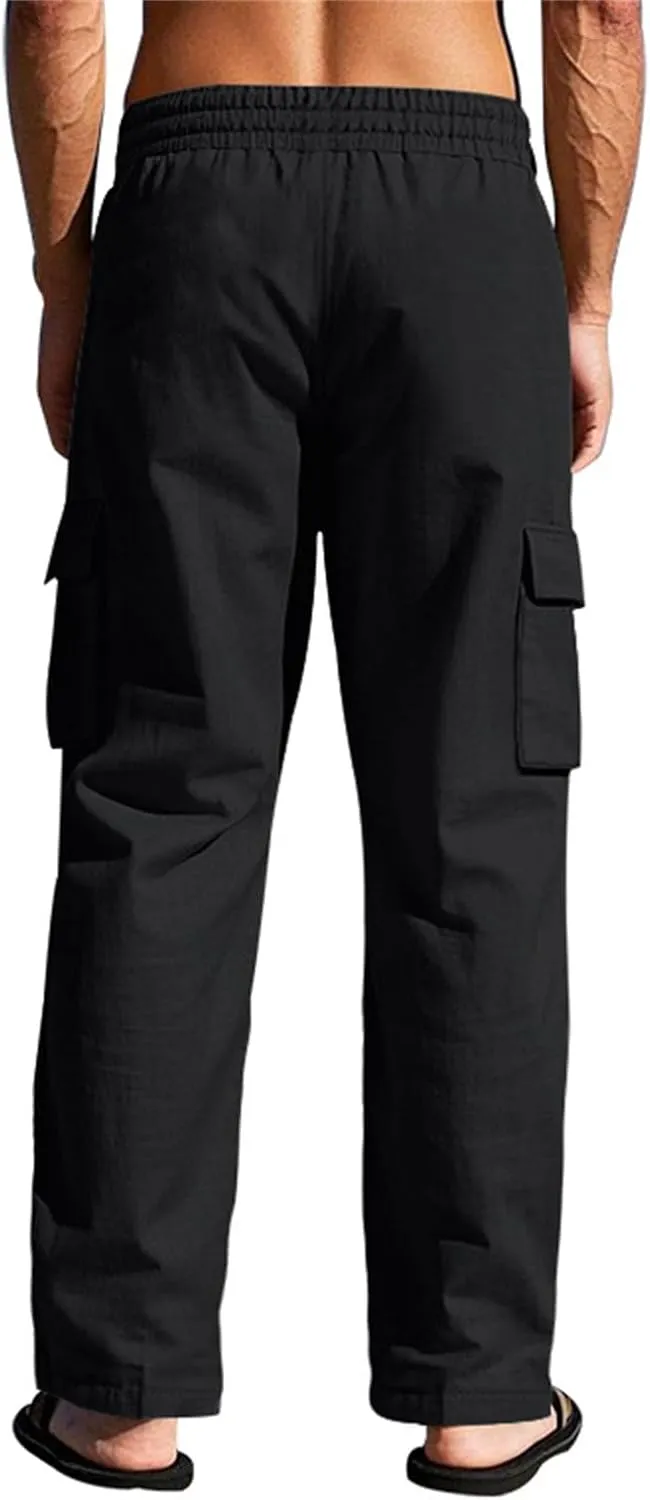 Linen Cargo Pants Men Lightweight Comfy Elastic Waist Lounge Pants Casual Yoga Pants Summer Beach Outfits with Pocket