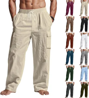 Linen Cargo Pants Men Lightweight Comfy Elastic Waist Lounge Pants Casual Yoga Pants Summer Beach Outfits with Pocket