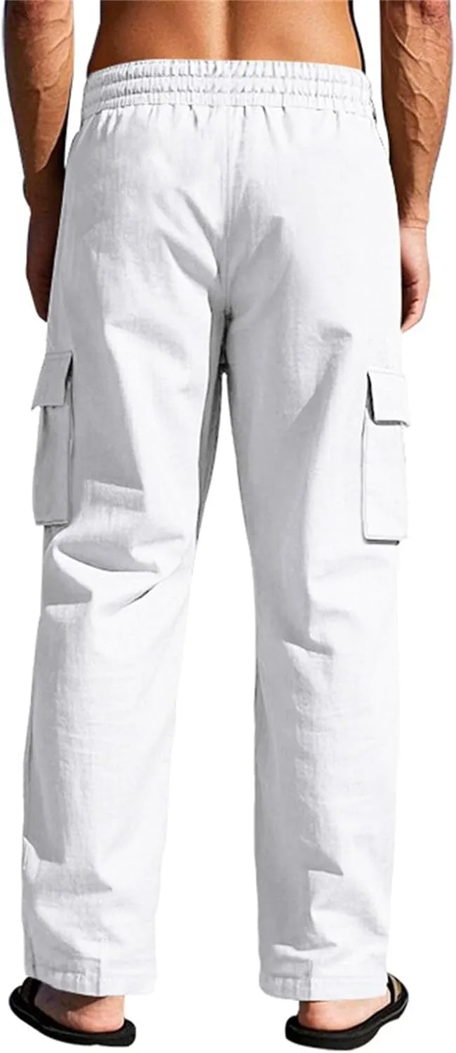 Linen Cargo Pants Men Lightweight Comfy Elastic Waist Lounge Pants Casual Yoga Pants Summer Beach Outfits with Pocket