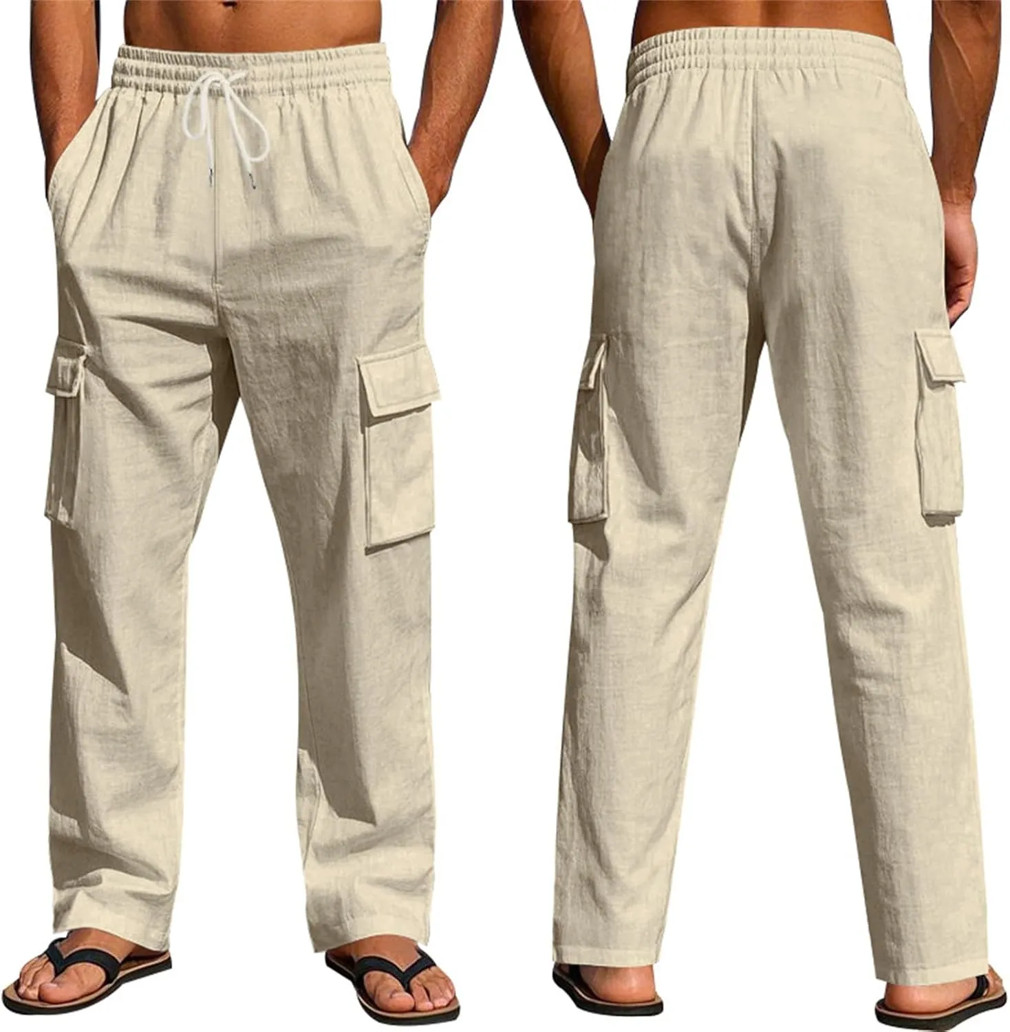Linen Cargo Pants Men Lightweight Comfy Elastic Waist Lounge Pants Casual Yoga Pants Summer Beach Outfits with Pocket