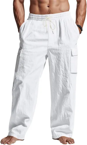 Linen Cargo Pants Men Lightweight Comfy Elastic Waist Lounge Pants Casual Yoga Pants Summer Beach Outfits with Pocket