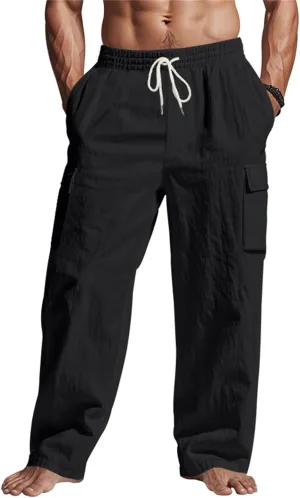Linen Cargo Pants Men Lightweight Comfy Elastic Waist Lounge Pants Casual Yoga Pants Summer Beach Outfits with Pocket