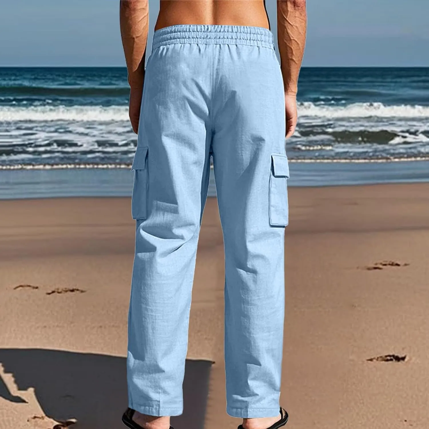 Linen Cargo Pants Men Lightweight Comfy Elastic Waist Lounge Pants Casual Yoga Pants Summer Beach Outfits with Pocket