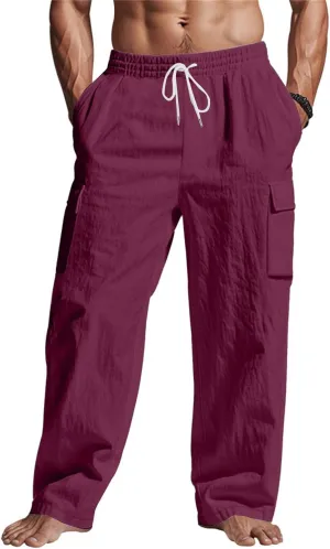 Linen Cargo Pants Men Lightweight Comfy Elastic Waist Lounge Pants Casual Yoga Pants Summer Beach Outfits with Pocket