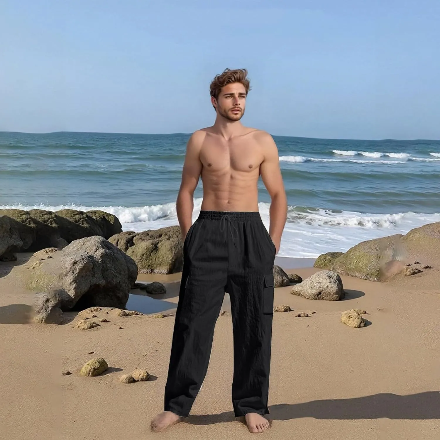 Linen Cargo Pants Men Lightweight Comfy Elastic Waist Lounge Pants Casual Yoga Pants Summer Beach Outfits with Pocket