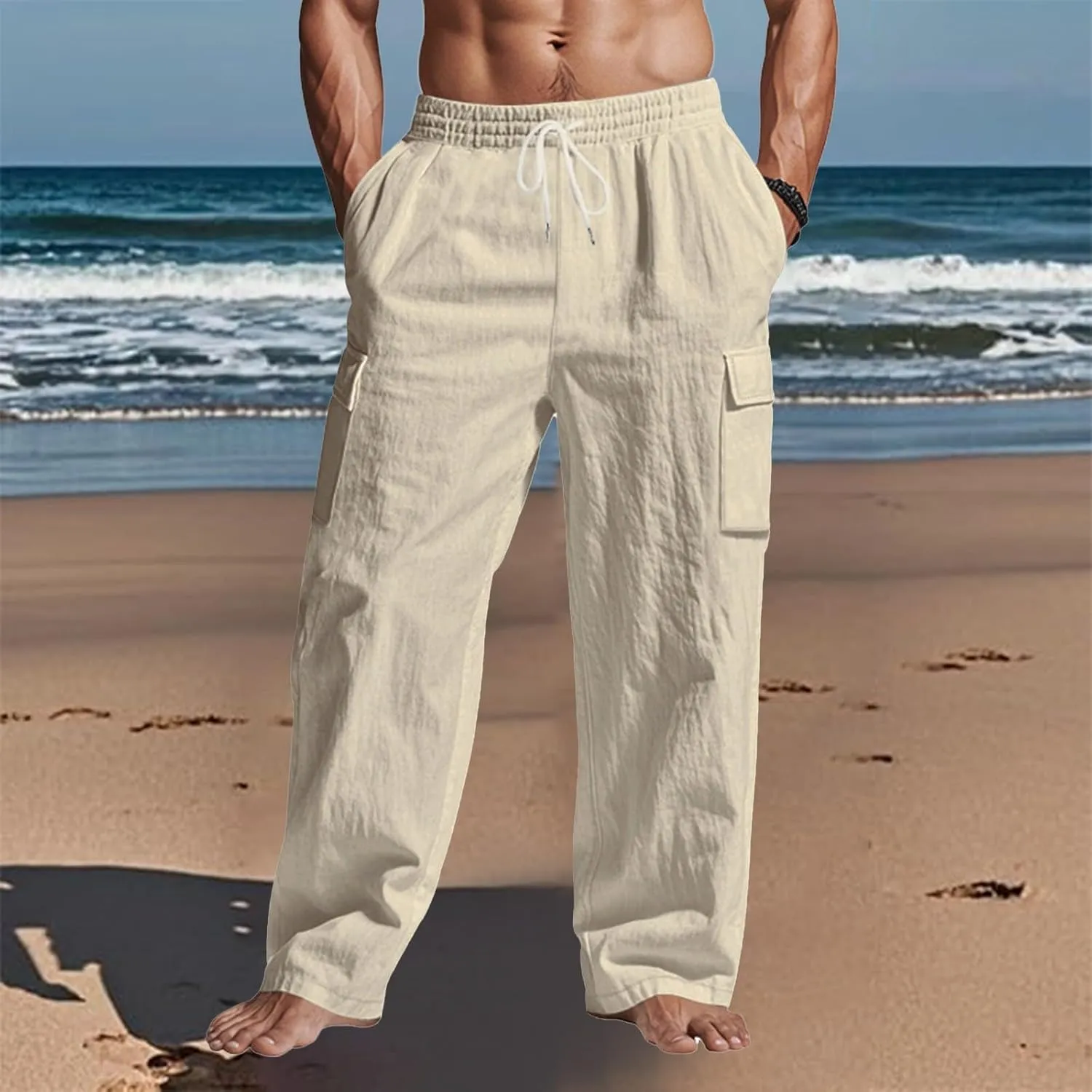 Linen Cargo Pants Men Lightweight Comfy Elastic Waist Lounge Pants Casual Yoga Pants Summer Beach Outfits with Pocket