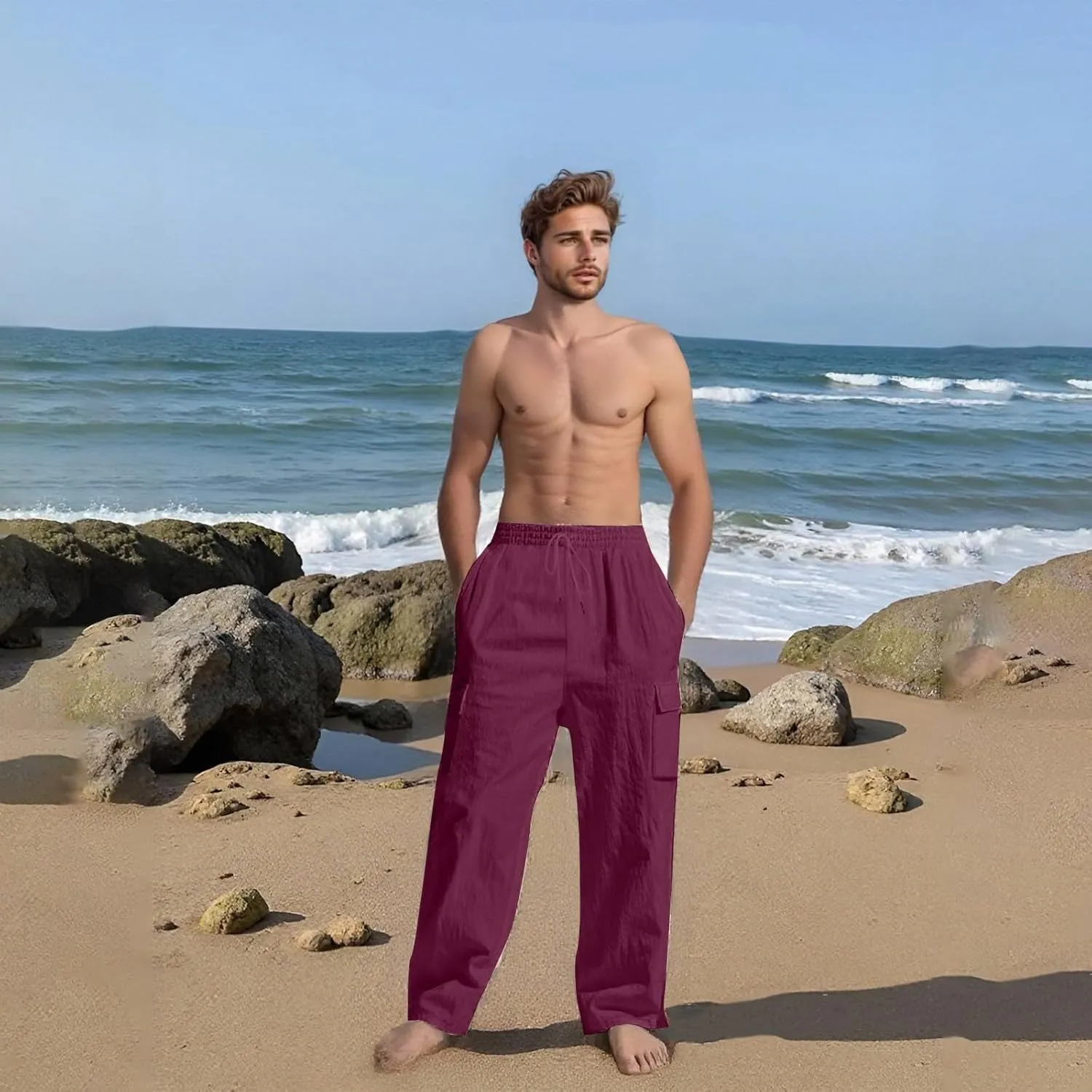 Linen Cargo Pants Men Lightweight Comfy Elastic Waist Lounge Pants Casual Yoga Pants Summer Beach Outfits with Pocket