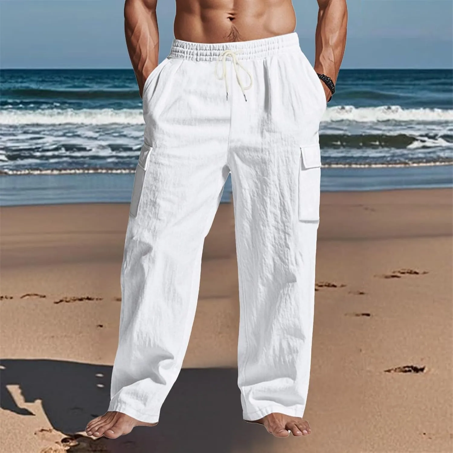 Linen Cargo Pants Men Lightweight Comfy Elastic Waist Lounge Pants Casual Yoga Pants Summer Beach Outfits with Pocket