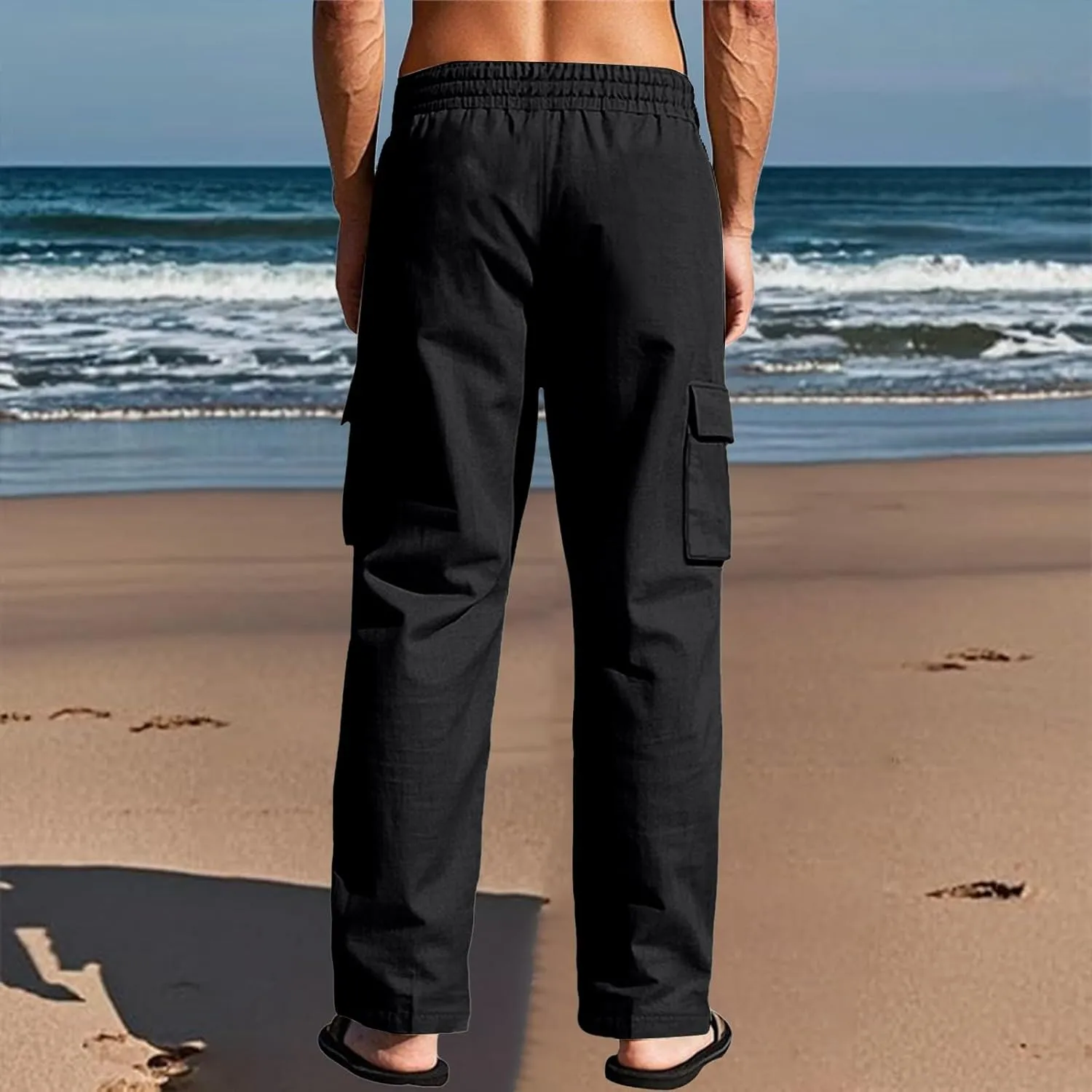 Linen Cargo Pants Men Lightweight Comfy Elastic Waist Lounge Pants Casual Yoga Pants Summer Beach Outfits with Pocket