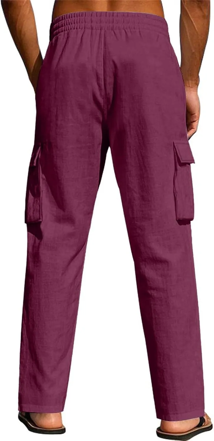 Linen Cargo Pants Men Lightweight Comfy Elastic Waist Lounge Pants Casual Yoga Pants Summer Beach Outfits with Pocket