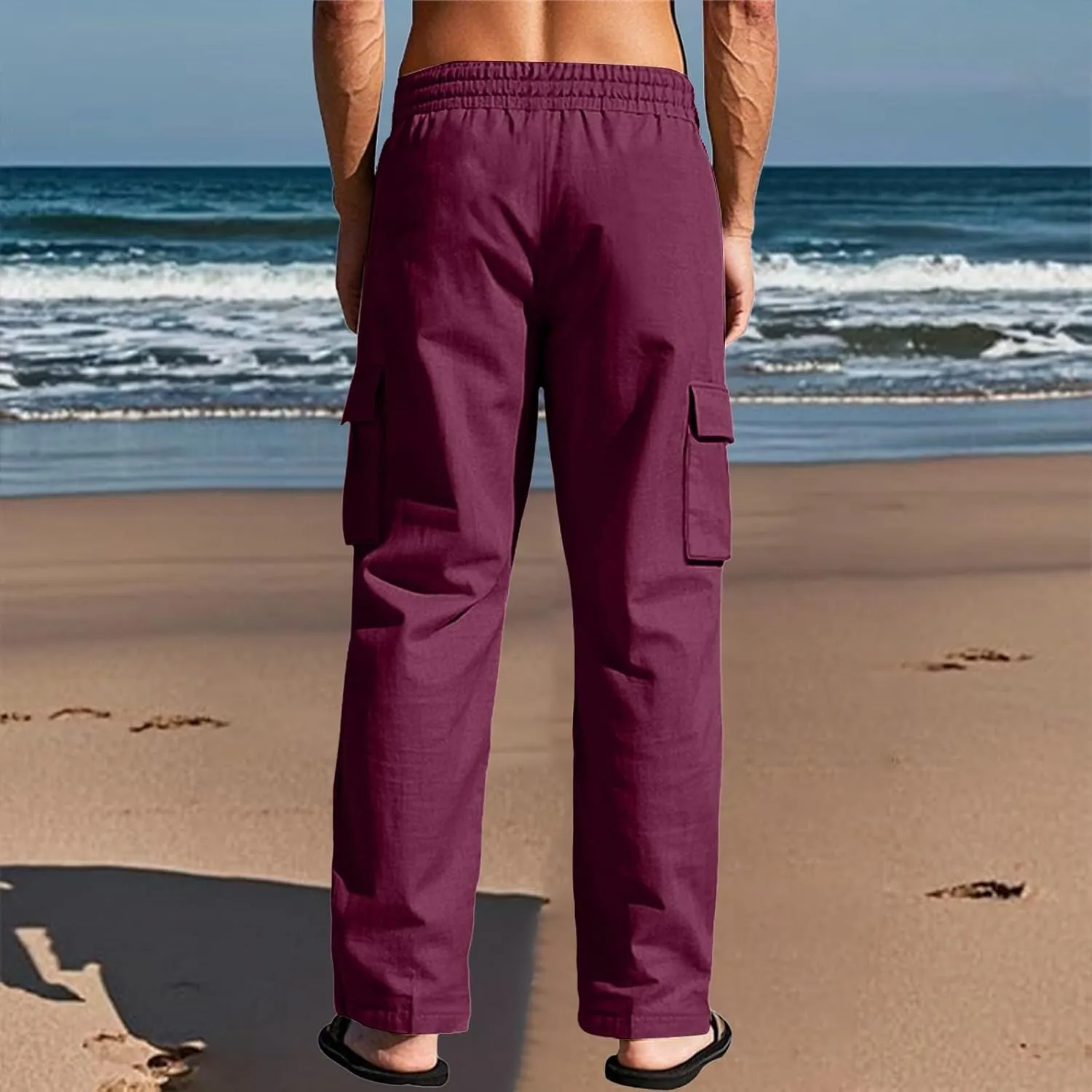 Linen Cargo Pants Men Lightweight Comfy Elastic Waist Lounge Pants Casual Yoga Pants Summer Beach Outfits with Pocket