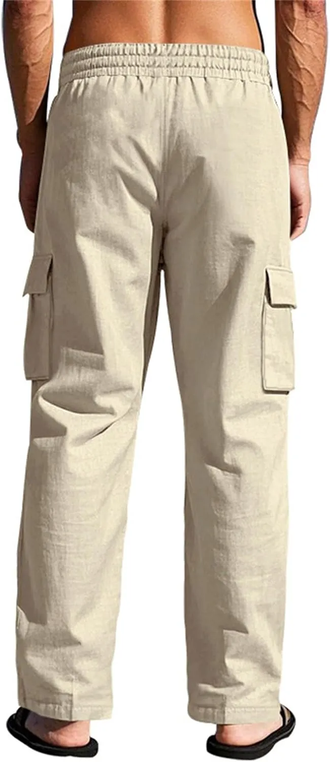 Linen Cargo Pants Men Lightweight Comfy Elastic Waist Lounge Pants Casual Yoga Pants Summer Beach Outfits with Pocket